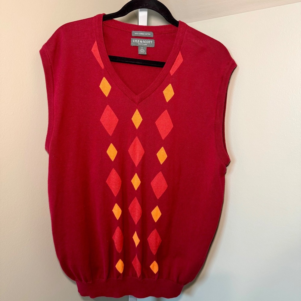 Lyle & Scott Mens‎ Argyle V Neck Sweater Vest Red Cotton Size L